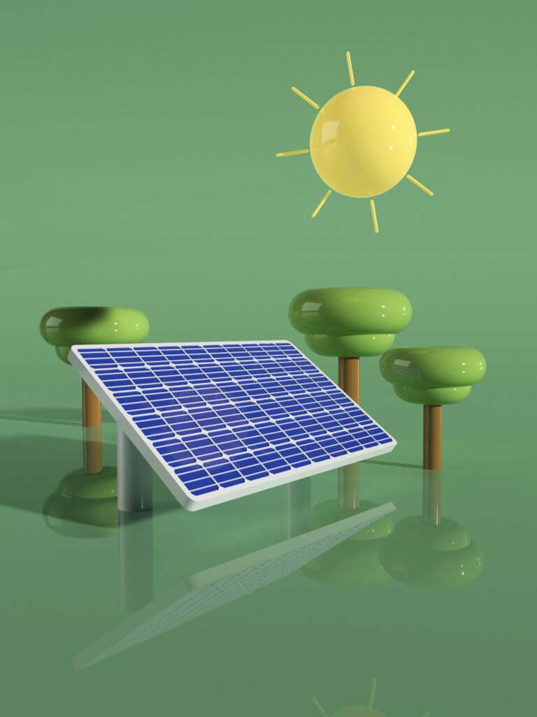 Illustration av en solpanel under solen med träd i bakgrunden som symboliserar solenergi